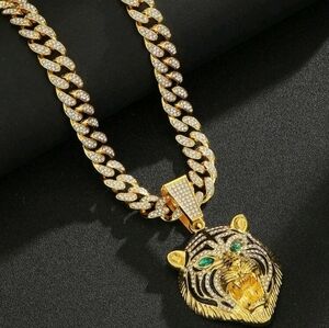 Striking Iced Out Rhinestone & Enamel Green Eyed TIGER Pendant Gold Necklace